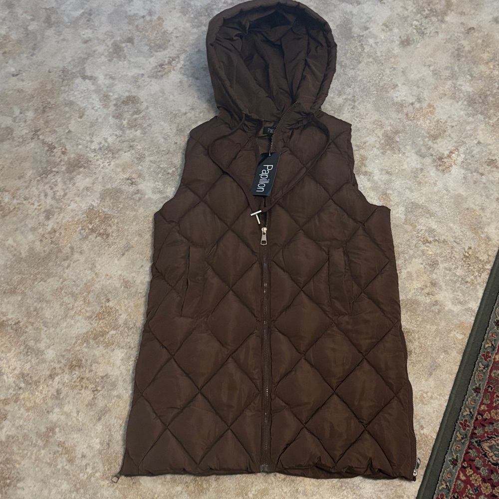 Papillon Blanc Brown Quilted Hooded Long Puffer Vest